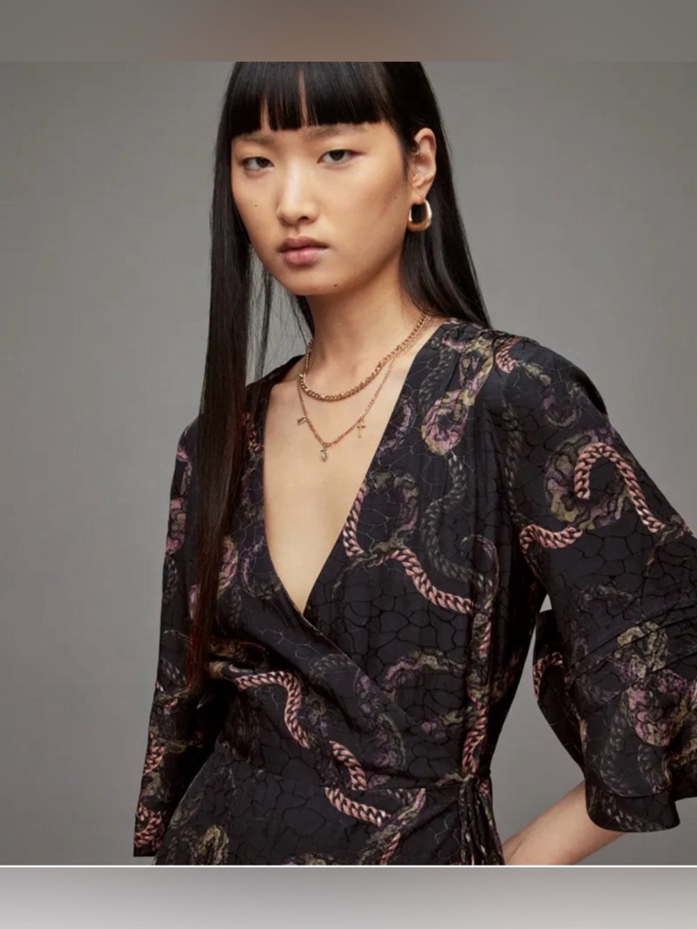 AllSaints Delana Tempest Wrap Slip Dress in deep green with snake- print - Picture 2 of 12